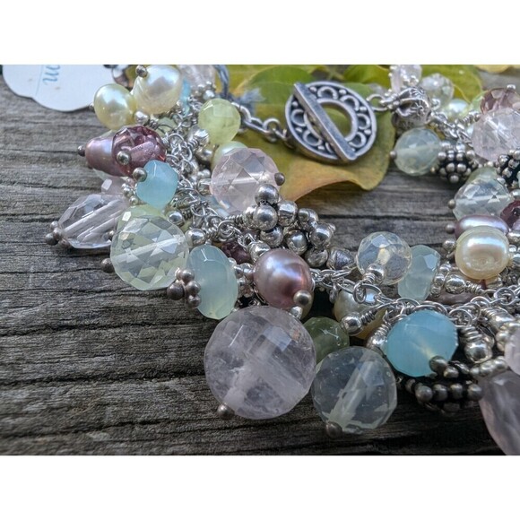 Vintage Sterling Silver Gemstone & Pearl Bracelet, Romantic Gift, Beachy Jewelry - Picture 5 of 10